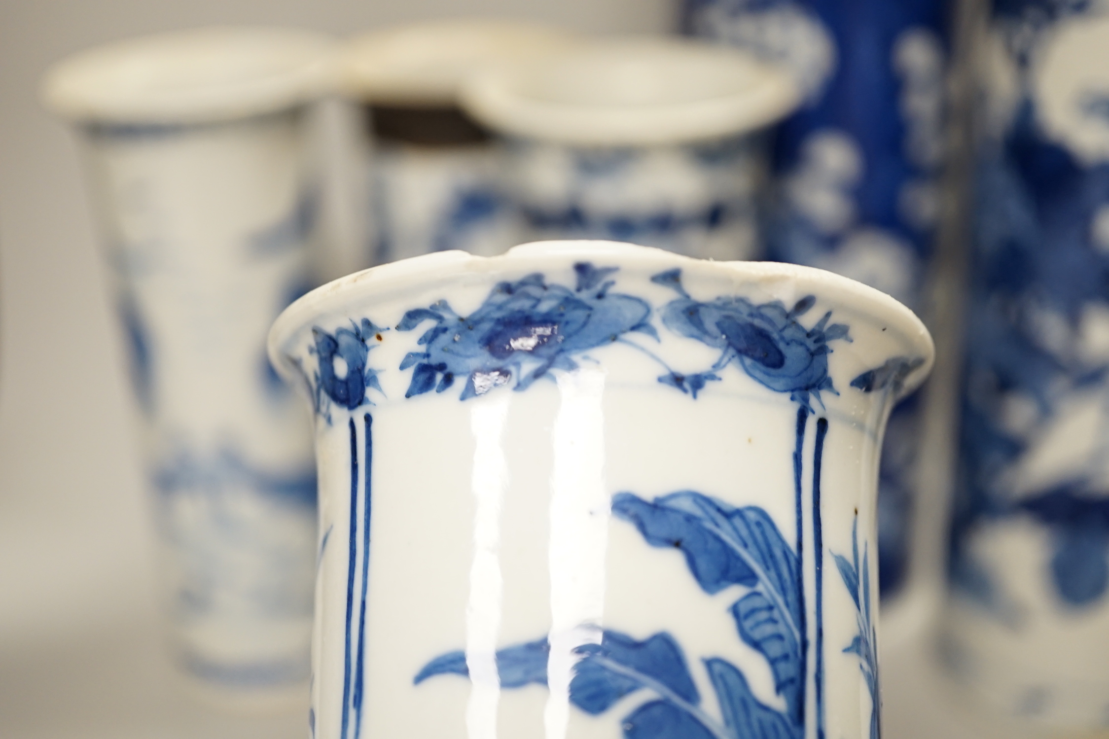 Nine assorted Chinese blue and white cylinder vases, 19th/20th century, tallest 30cm high (a.f.)